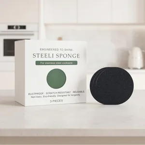 Detail view of steel sponges for stainless steel cookware in minimalist white packaging.