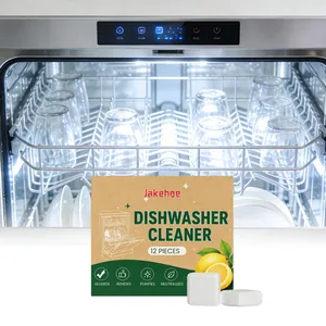 Box of 12 lemon-scented dishwasher cleaner tablets displayed in front of a clean dishwasher