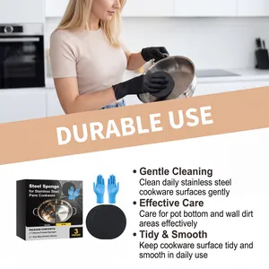 Detailed view of cleaning stainless steel pan with steel sponge and kit contents