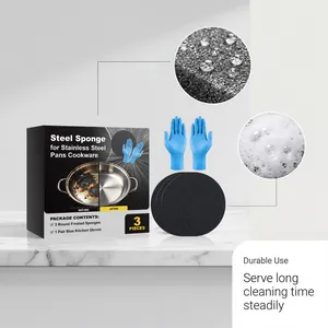 Detail view of steel sponges and blue kitchen gloves set for cleaning stainless steel pans.