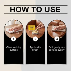 Step-by-step guide for using Brunizo furniture salve with a brush for leather care.