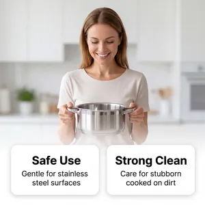 Close-up of a stainless steel pot held by a woman in a bright kitchen setting