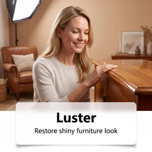Woman touching polished wood surface to demonstrate the luster restoration of furniture care balm