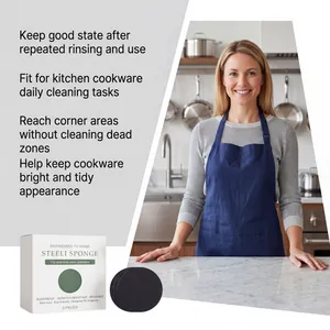 Kitchen setting showing non-scratch cleaning sponges for stainless steel cookware