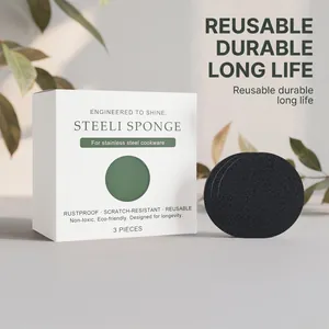 Detail showing STEELI SPONGE reusable black abrasive cleaning pad for cookware.