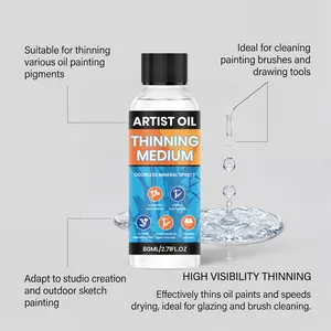 Detailed view of artist oil thinning medium bottle for brush cleaning and paint thinning.