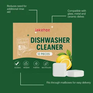 Detail view of Jakehoe dishwasher cleaner tablets and 12-piece eco-friendly packaging.