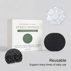 Close-up detail of reusable black sponge for stainless steel cleaning and cookware care.