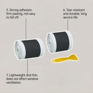 Detail of durable mesh repair tape rolls with feature descriptions for window screens