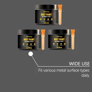 Three jars of Jarrary anti-rust paint for metal surfaces with applicator brushes.
