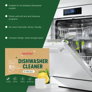 Detail view of Jakehoe dishwasher cleaner tablets with features and usage context