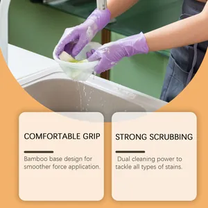 Detail view of bamboo vegetable brush cleaning produce under running water