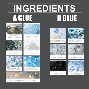 Technical ingredients list infographic for A and B porcelain repair epoxy resin components