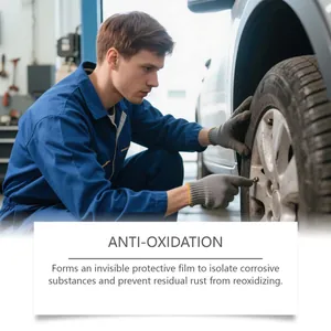 Professional mechanic applying anti-rust spray on a silver car wheel rim detail.