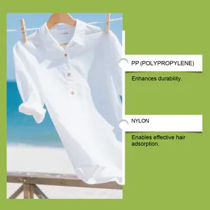 Material detail of pet hair remover showing durable PP and hair-adsorbing Nylon fibers.
