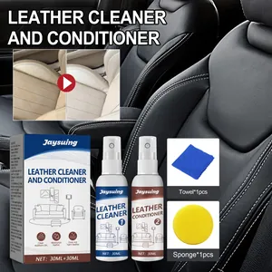 Complete leather cleaner and conditioner set with spray bottles, towel, and sponge