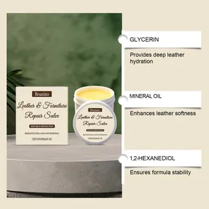 Vista detallada de ingredientes del bálsamo de cuero Brunizo con glicerina y aceite mineral.