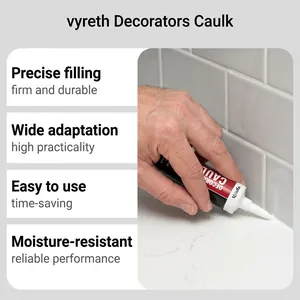 Close-up of vyreth Decorators Caulk being applied to tile joints with key features listed.