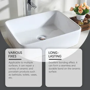 Detail of a white ceramic sink showing seamless repair results with porcelain glue.