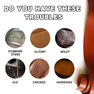 Close-up detail of common leather damages including stains, mold, and cracks for repair