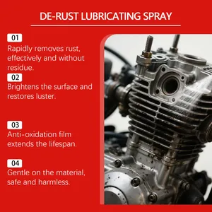 Detailed view of de-rust lubricating spray effect on metal parts with 4 key product benefits