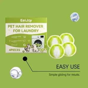 Reusable laundry balls and EelJoy pet hair remover packaging for home laundry care