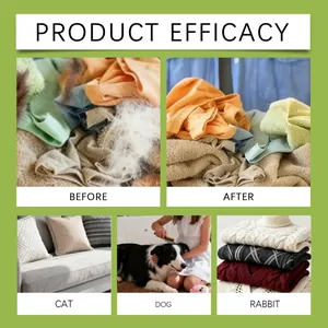 Before and after comparison of pet hair removal tool on clothes and furniture