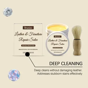 Kit de bálsamo reparador de cuero Brunizo con cepillo e iconos de fórmula molecular.