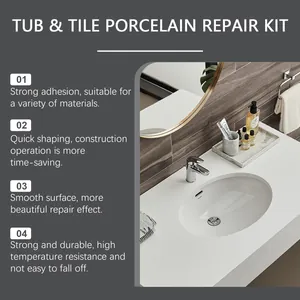 Tub and tile porcelain repair kit showing application on a bathroom sink vanity
