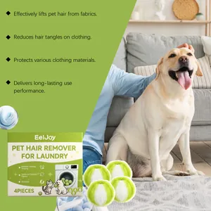 Pet hair remover laundry balls shown with original packaging and a dog lifestyle scene