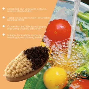 Detailed view of bamboo vegetable brush with dual-color bristles and usage benefits.