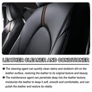 Detailed view of leather cleaner and conditioner benefits for car seats and sofas.