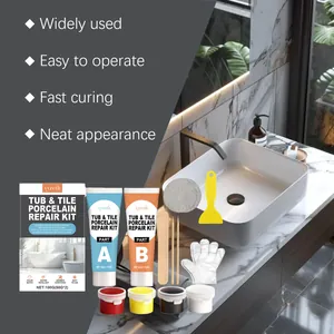 Comprehensive porcelain repair kit with A&B compounds and tools for bathroom tiles.