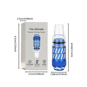 Detail view of blue portable cigarette filter with precision chamber and dimension markings