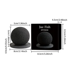 Detailed dimensions and scale of JUE FISH black cleaning sponge with its packaging box.
