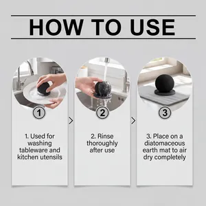 Detailed steps showing how to use the black cleaning sponge for kitchen tableware
