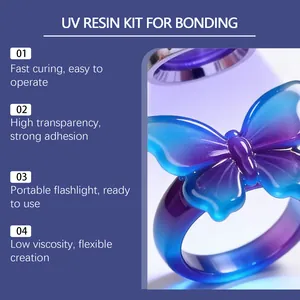 Primer plano de un anillo de mariposa en resina azul y violeta hecho con kit UV.