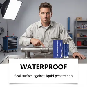 Close-up of a technician pointing to a pipe repaired with waterproof casting glue