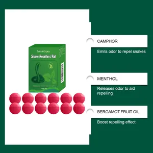Detail view of MoonSpry snake repellent balls with camphor and menthol ingredient info