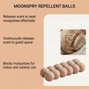 Macro-opname van MOONSPRY muggenwerende ballen met vezelige textuurbeschrijving