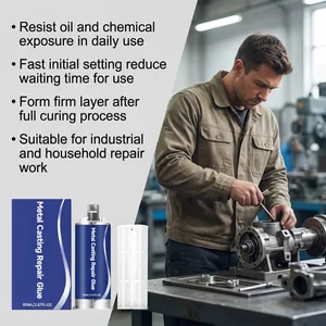 Detail of industrial metal casting repair glue with product feature list.