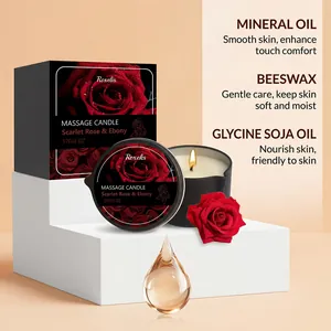 Detailansicht der Rosen-Massagekerze mit Inhaltsstoffen und Verpackung.