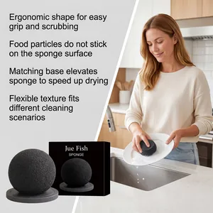 Ergonomic black spherical cleaning sponge with a drying base for kitchen scrubbing
