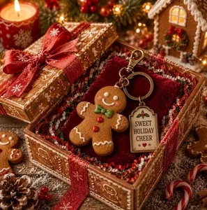 Detailed view of a gingerbread man keychain inside a festive and decorative Christmas gift box.