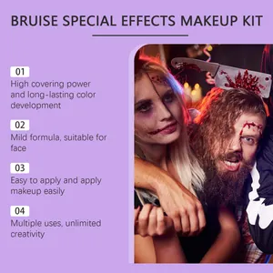 Kit de maquillage SFX montrant des effets de sang et d'ecchymoses sur les visages.