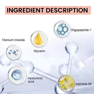 Detailed illustration of foundation ingredients including Hyaluronic Acid and Glycerin.