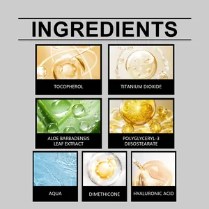 Detailed ingredient list for foundation including Hyaluronic Acid and Aloe extract.