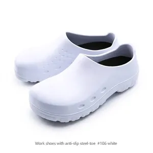 Detailed macro view of white waterproof anti-slip steel-toe safety shoes for factory work
