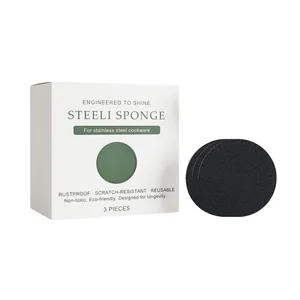 Professional 3-piece stainless steel cleaning sponge set in a minimalist white box