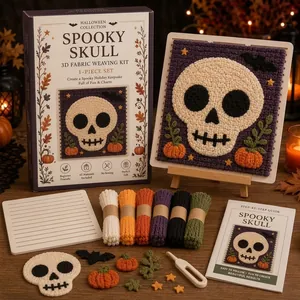 Complete Halloween DIY 3D fabric weaving kit with spooky skull design and yarn set